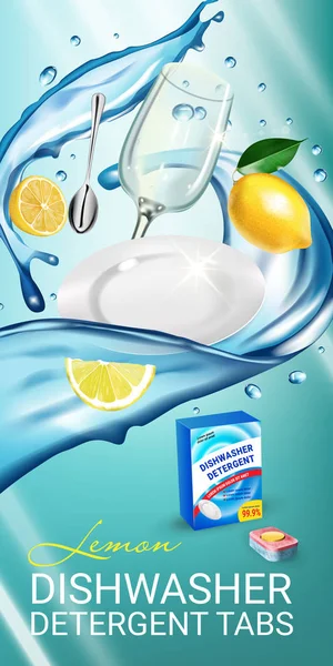 Limón fragancia lavavajillas detergente pestañas anuncios. Ilustración realista vectorial con platos en salpicaduras de agua y cítricos. Banner vertical — Vector de stock