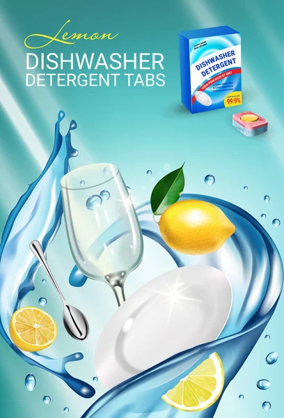 Limón fragancia lavavajillas detergente pestañas anuncios. Ilustración realista vectorial con platos en salpicaduras de agua y cítricos. Cartel vertical — Vector de stock