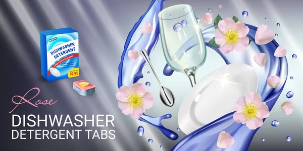 Rose Duft Geschirrspülmittel Tabs Werbung. Vektor realistische Illustration mit Geschirr in Wasserspritzer und Blumen. horizontales Banner — Stockvektor