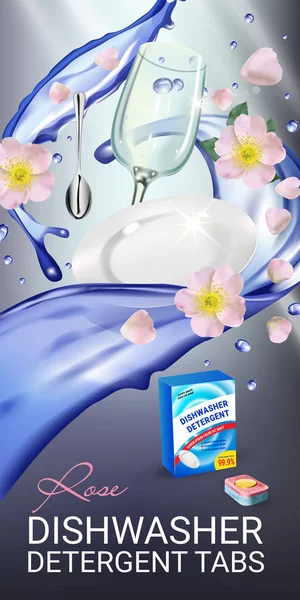 Gül kokusu bulaşık makinesi deterjan sekmeleri reklamlar. Vektör yemekleri su sıçrama ve çiçekler ile gerçekçi çizim. Dikey başlık — Stok Vektör