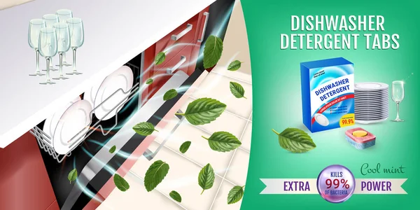 Orzeźwiająca mięta zapach zmywarka detergentu karty reklamy. Realistyczne ilustracji wektorowych z zmywarka w blacie kuchennym i pakietem. Baner poziomy — Wektor stockowy