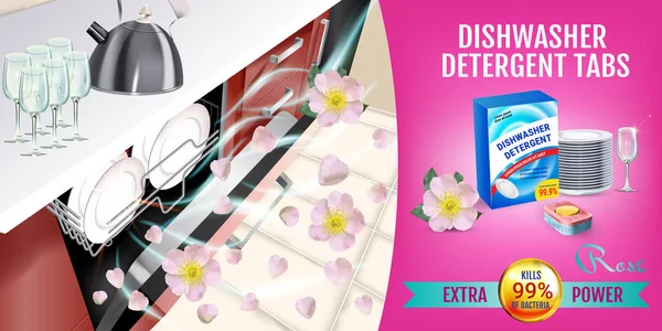 Rose fragrance dishwasher detergent tabs ads. Vector realistic Illustration with dishwasher in kitchen counter and detergent package. Horizontal banner — Stock Vector