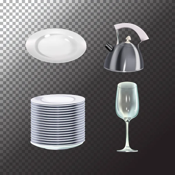 Conjunto de platos objetos realistas. Vector placas aisladas, tetera y copa de vino sobre fondo transparente — Archivo Imágenes Vectoriales
