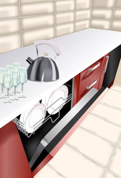 Ilustración vectorial realista de la sala de cocina. Lavavajillas abierto en el mostrador de cocina . — Archivo Imágenes Vectoriales