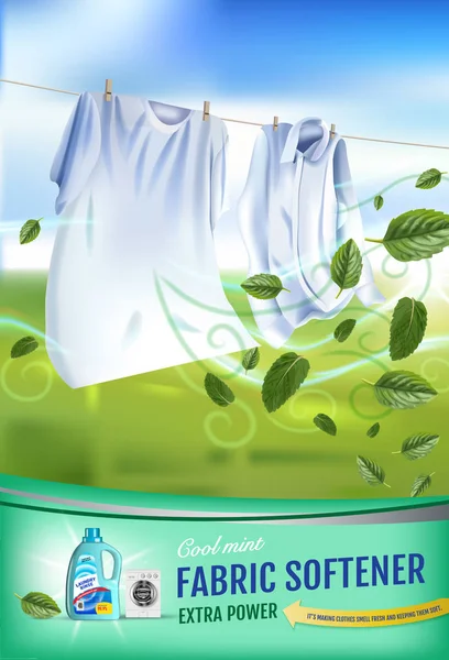 Mint doft tyg sköljmedel gel annonser. Vektor realistisk Illustration med tvätt kläder och softener skölj behållaren. Vertikala affisch — Stock vektor
