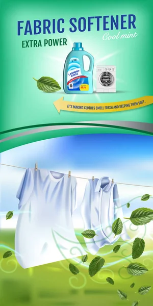 Anuncios de gel suavizante de tela de fragancia de menta. Vector realista Ilustración con ropa de lavandería y suavizante enjuague contenedor. Banner vertical — Vector de stock