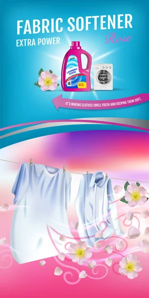 Rose Duft Weichspüler Gel-Anzeigen. Vektor realistische Illustration mit Wäscheklamotten und Weichspülbehälter. vertikales Banner — Stockvektor