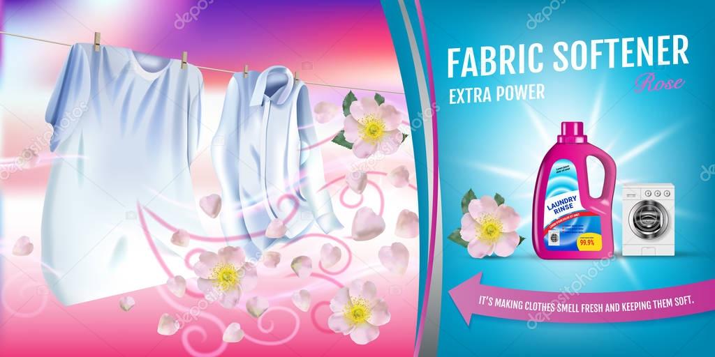 Rose fragrance fabric softener gel ads. Vector realistic Illustration with laundry clothes and softener rinse container. Horizontal banner