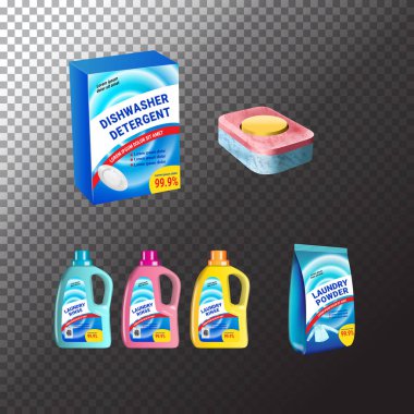 Çamaşır ve bulaşık makinesi deterjanı ile Şişeler için şablonlar gerçekçi paket kümesi. Plastik kaplar, paket ve tabletler. Vektör mockup şeffaf arka plan üzerinde izole nesneleri