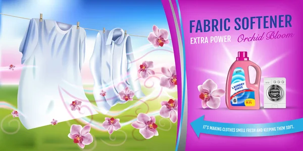 Orchid fragrance fabric softener gel ads. Vector realistic Illustration with laundry clothes and softener rinse container. Horizontal banner — Stock Vector