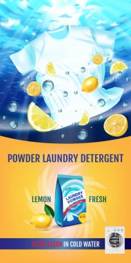 Limon kokusu Çamaşırhane deterjan reklamlar. Vektör gerçekçi çizim t-shirt ile su ve ürün paketinde yıkanır. Dikey başlık