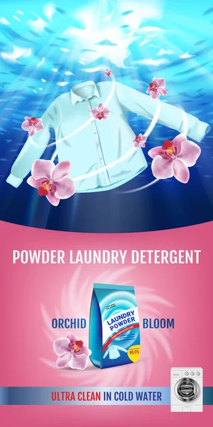 난초 향기 세탁 세제 광고입니다. 셔츠와 함께 현실적인 그림을 벡터는 물, 제품 패키지에 세척 된다. 수직 배너 — 스톡 벡터