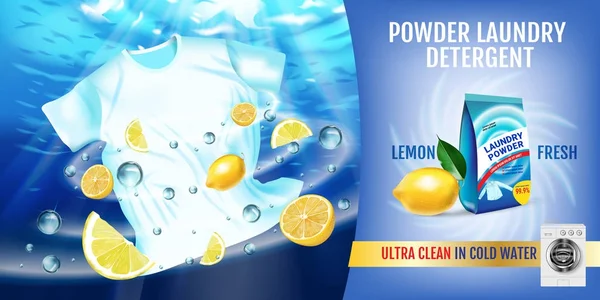 Fragancia de limón Anuncios de detergente de lavandería. Ilustración realista vectorial con camiseta se lava en agua y paquete de producto. Banner horizontal — Vector de stock
