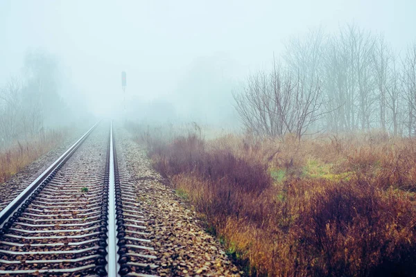 Perspektive Bahngleise Verschwinden Nebel Nebligen Morgen — Stockfoto