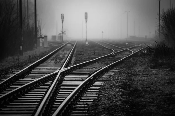 霧の中で消えていく線路スイッチとの鉄道ジャンクション モノクロ画像 — ストック写真