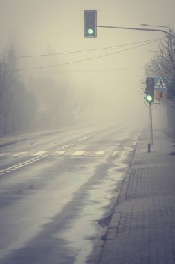 Boş bir sokakta, sisli bir sabahta yaya geçidinde yeşil ışık yandı. 