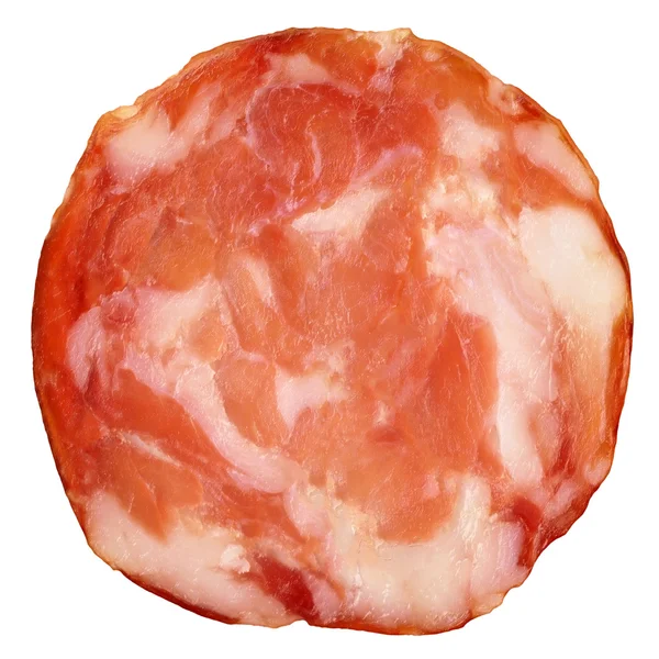 Varkensvlees Salami segment geïsoleerd op witte achtergrond — Stockfoto