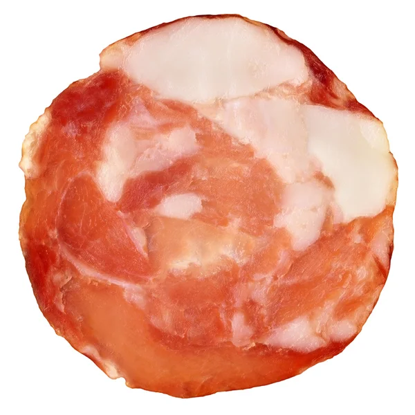 Fläsk Salami Slice isolerad på vit bakgrund — Stockfoto