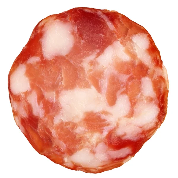 Varkensvlees Salami segment geïsoleerd op witte achtergrond — Stockfoto