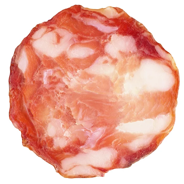 Tranche de salami de porc isolée sur fond blanc — Photo