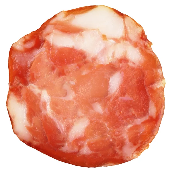 Salami de cerdo rebanada aislada sobre fondo blanco —  Fotos de Stock