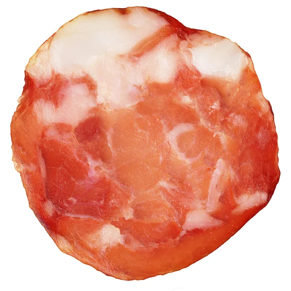 Fatia de salame de porco isolado em fundo branco — Fotografia de Stock