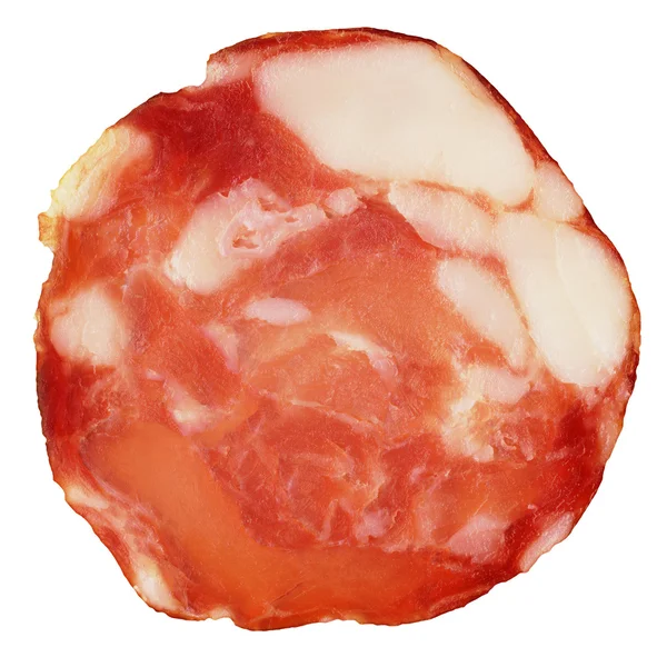 Schweinefleisch Salami Scheibe isoliert auf weißem Hintergrund — Stockfoto