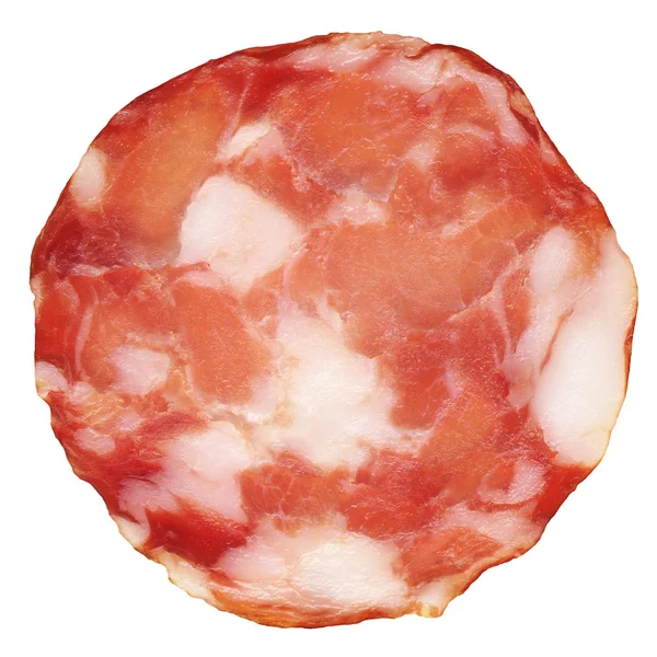 Varkensvlees Salami segment geïsoleerd op witte achtergrond — Stockfoto