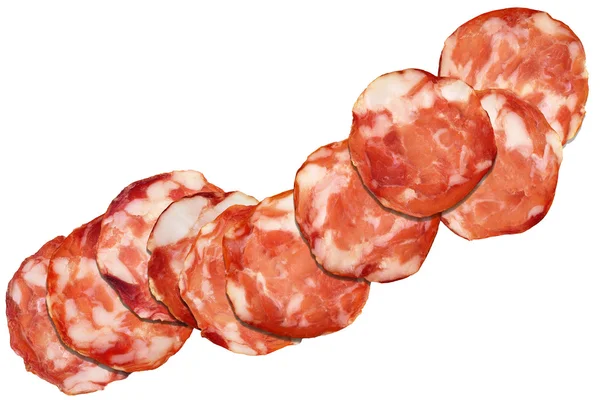 Varkensvlees Salami segmenten geïsoleerd op witte achtergrond — Stockfoto