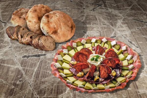 Appetizer Dish Meze With Pita Bread And Integral Baguette Slices On Old Cracked Wooden Surface — Stock Photo, Image