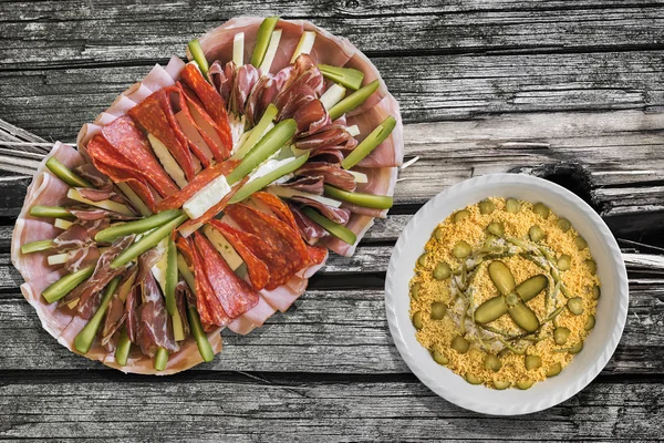 Appetizer Savory Dish Meze With Olivier Salad Set On Old Cracked Wooden Picnic Table — ストック写真