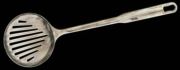 Old Stainless Steel Slotted Skimmer Isolated On Black Background — Stock Photo, Image