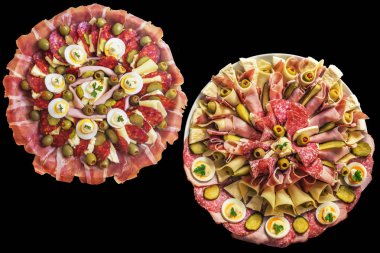 Siyah arka plan üzerine izole iştah açıcı lezzetli yemekleri Meze