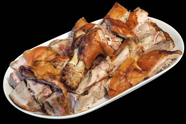 Plateful of Spit Roasted Pork Shoulder Slices Isolated on Black Background — Stock Photo, Image