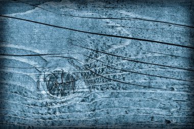 Eski yıpranmış çürük kırık düğümlü kaba ahşap toz mavi doku Vignetted