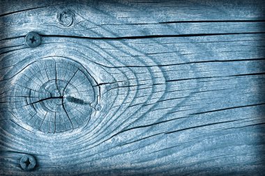 Eski yıpranmış çürük kırık düğümlü kaba ahşap toz mavi doku Vignetted