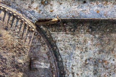 Eski hurda paslı Metal nehir botu kulübe flatör ayrıntı perçinli