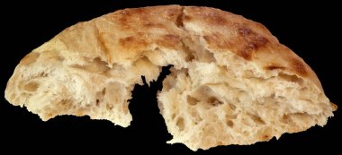 Leavened Flatbread Loaf Torn Half Isolated on Black Background clipart