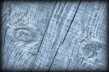 Eski yıpranmış kırık düğümlü toz mavi çam ahşap döşemeler doku Vignetted