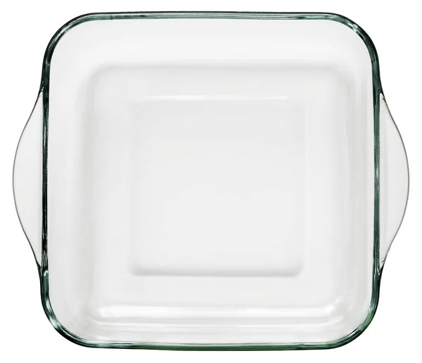 Plat à pâtisserie en verre carré arrondi avec poignées incurvées isolé sur fond blanc — Photo