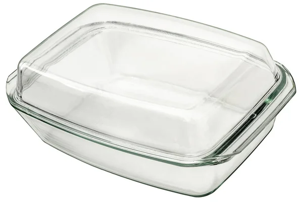 Grande plaque de cuisson rectangulaire en verre oblong avec couvercle isolé sur fond blanc — Photo