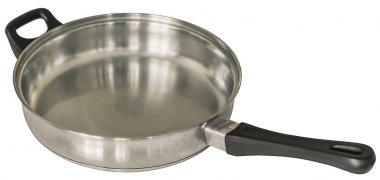 Eski ağır paslanmaz çelik tava beyaz arka plan üzerinde izole yıpranmayı