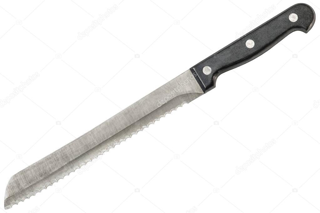 Old Heavy Duty Stainless Steel Serrated Bread Cutting Knife Isolated On White Background