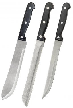 Et oyma ve beyaz arka plan üzerinde izole ekmek bıçakları kasap bıçağıyla eski paslanmaz çelik