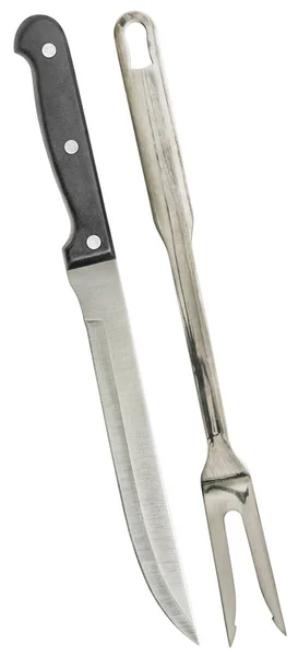 Cuchillo de talla de carne de acero inoxidable viejo y tenedor de servicio aislado sobre fondo blanco — Foto de Stock