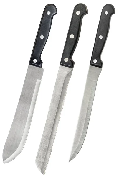 Cuchillo de carnicero de acero inoxidable antiguo con carne tallada y cuchillos de pan aislados sobre fondo blanco — Foto de Stock