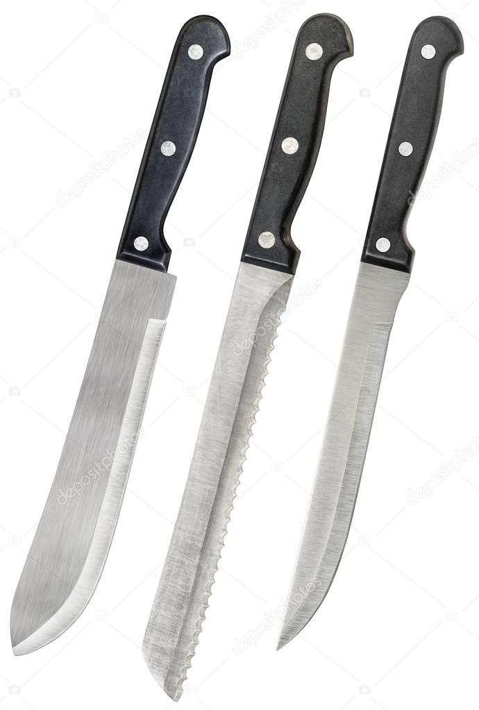 Old Stainless Steel Butcher Knife With Meat Carving And Bread Knives Isolated On White Background