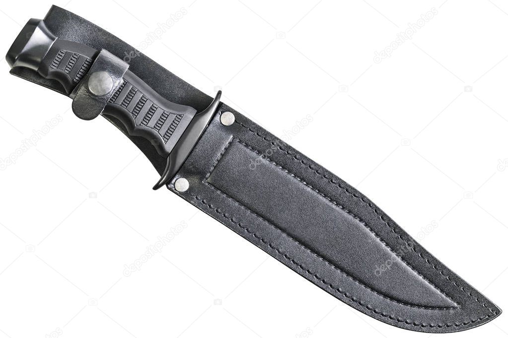 Tactical Combat Hunting Survival Bowie Knife In Black Leather Sheath Isolated On White Background