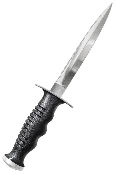 Cuchillo daga de buceo con punta de aguja Hoja dentada de acero inoxidable y mango ranurado de plástico negro ergonómico — Foto de Stock