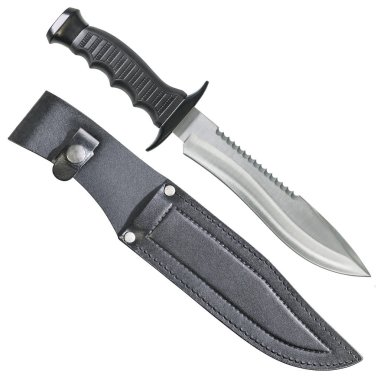 Taktik Muharebe av hayatta Bowie bıçak ile izole beyaz arka plan üzerinde siyah deri kılıf